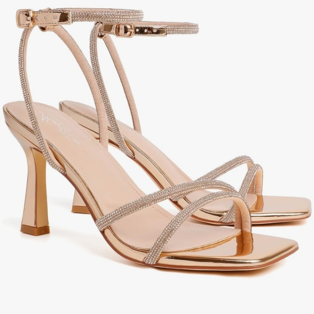 Elegant Rose Gold Rhinestone Strappy Square Toe Heels Size 8